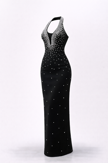 Black Halter Neck Evening Dress with Pearl Details